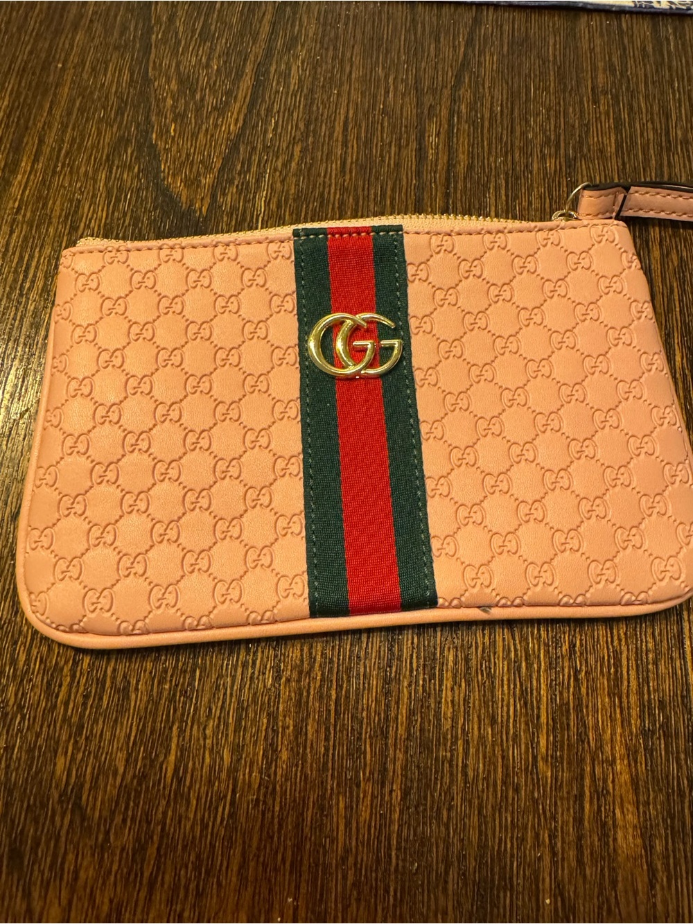 Pink GG Web Stripe Leather Wristlet Clutch- light pink